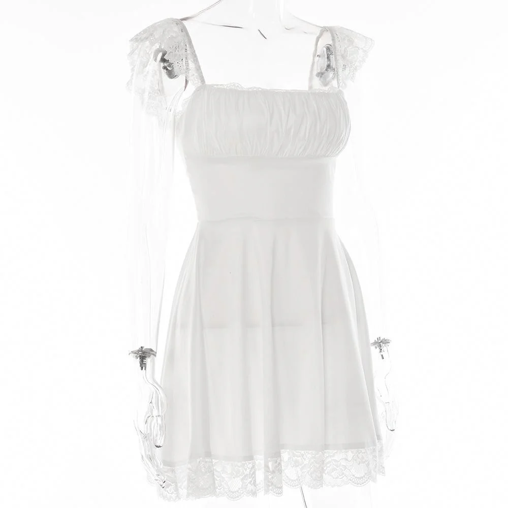 Lace hem solid cap sleeve zip-up ruched lace up mini dress fairycore Ethereal Fashion - Image 3
