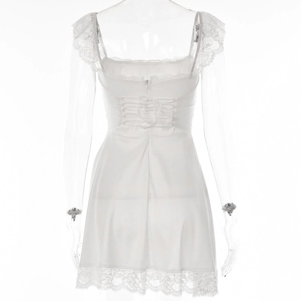Lace hem solid cap sleeve zip-up ruched lace up mini dress fairycore Ethereal Fashion - Image 4