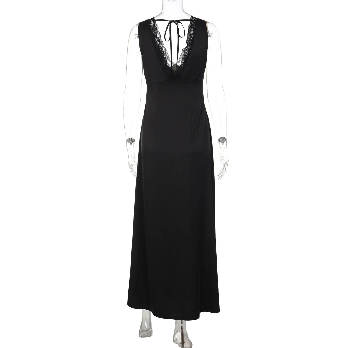 Lace hem v neck self tie backless maxi dress - Image 4