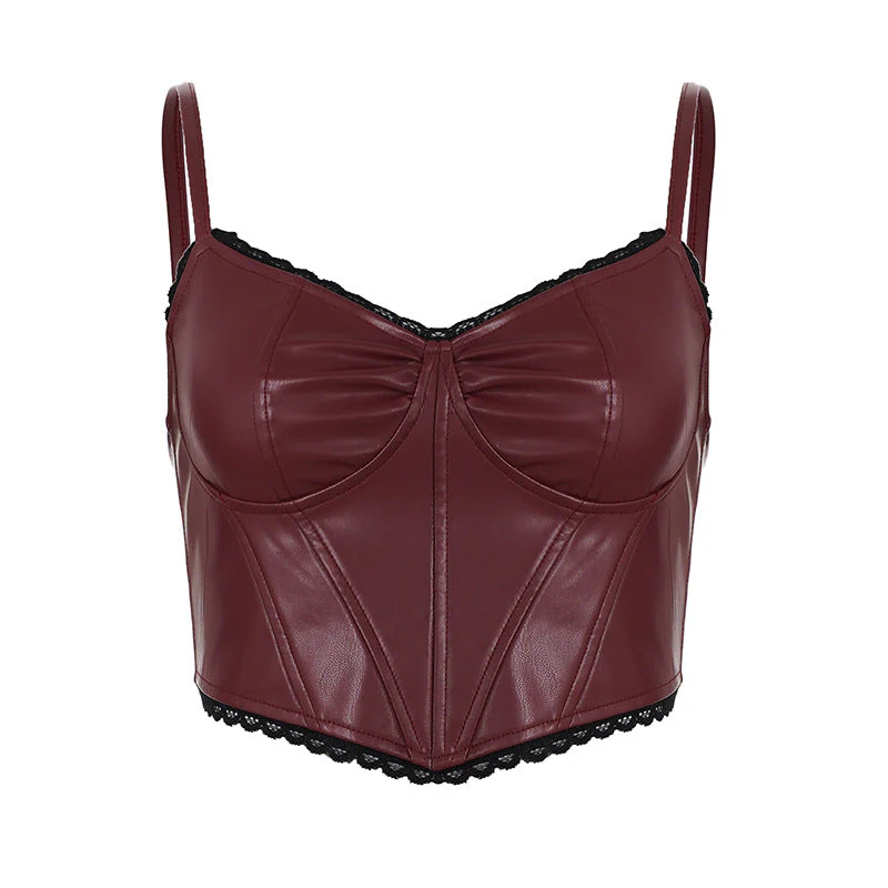 Lace hem v neck zip-up PU leather cami top