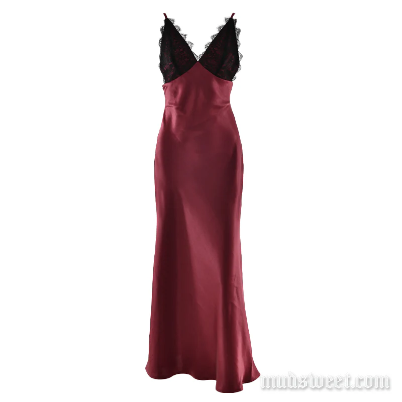 Lace hem v neck zip-up satin cami maxi dress
