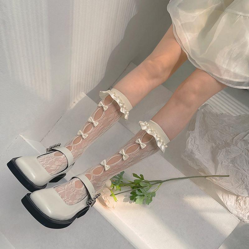 Lace hollow out bowknot satin long socks - Image 5