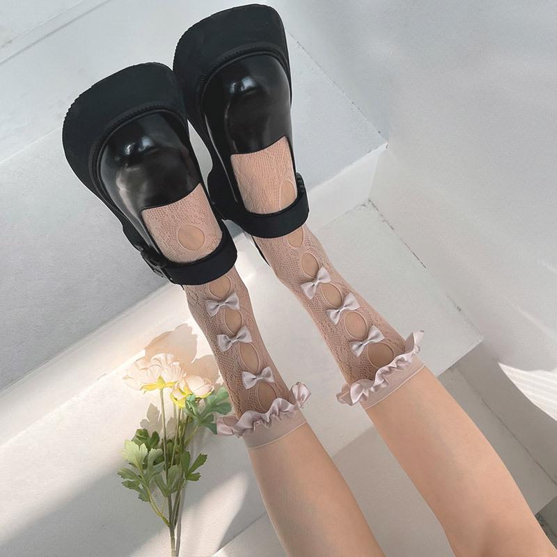 Lace hollow out bowknot satin long socks - Image 6