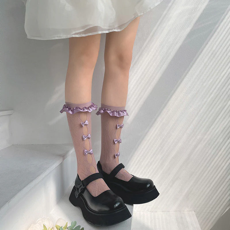 Lace hollow out bowknot satin long socks - Image 8