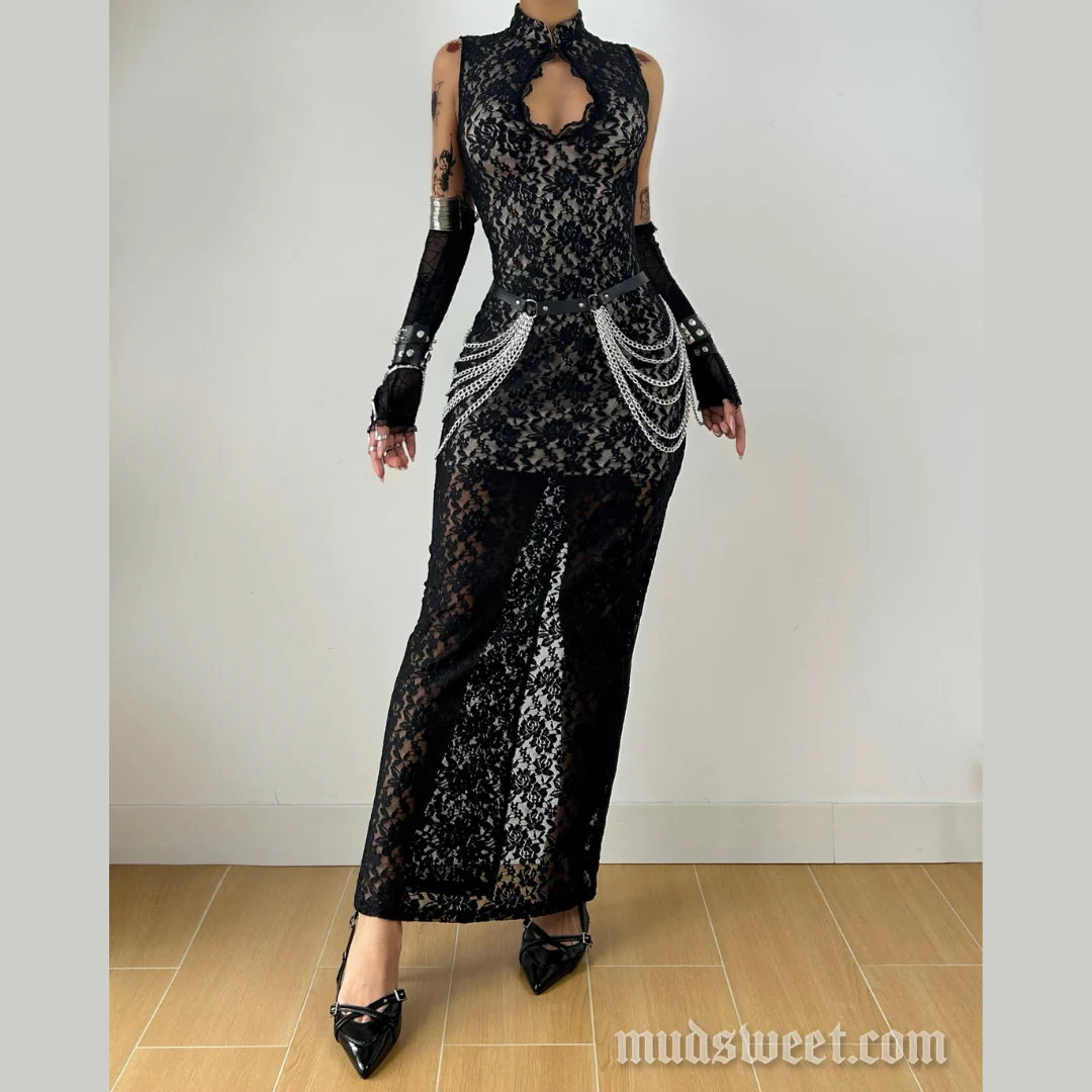 Lace hollow out slit sleeveless zip-up maxi dress