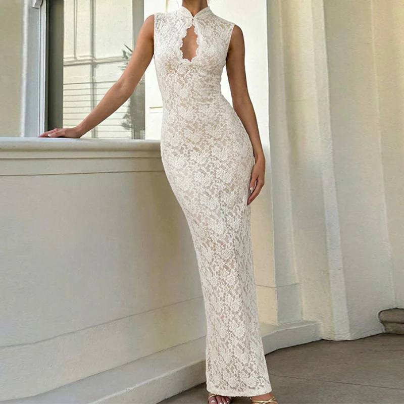 Lace hollow out slit sleeveless zip-up maxi dress - Image 5