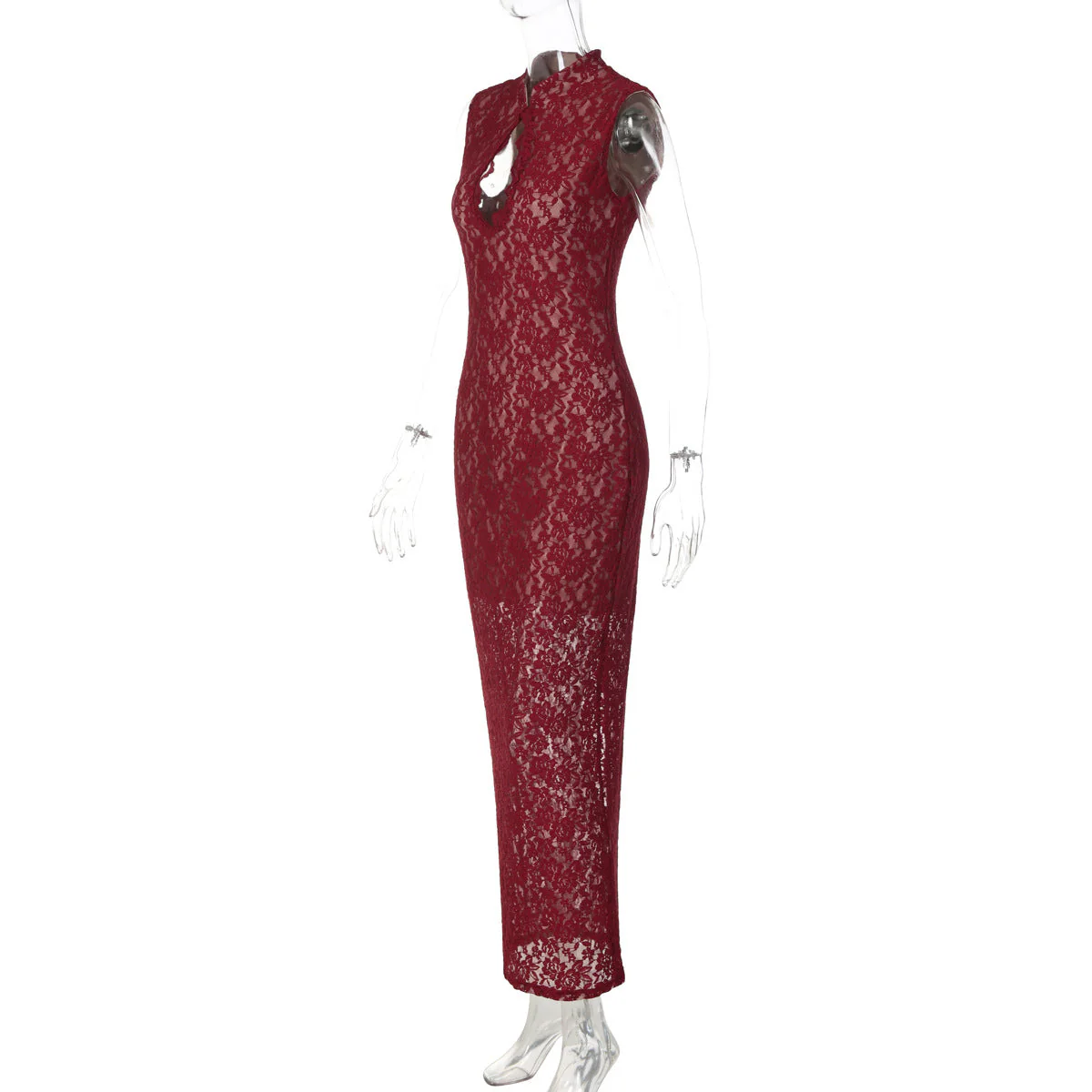 Lace hollow out slit sleeveless zip-up maxi dress - Image 7