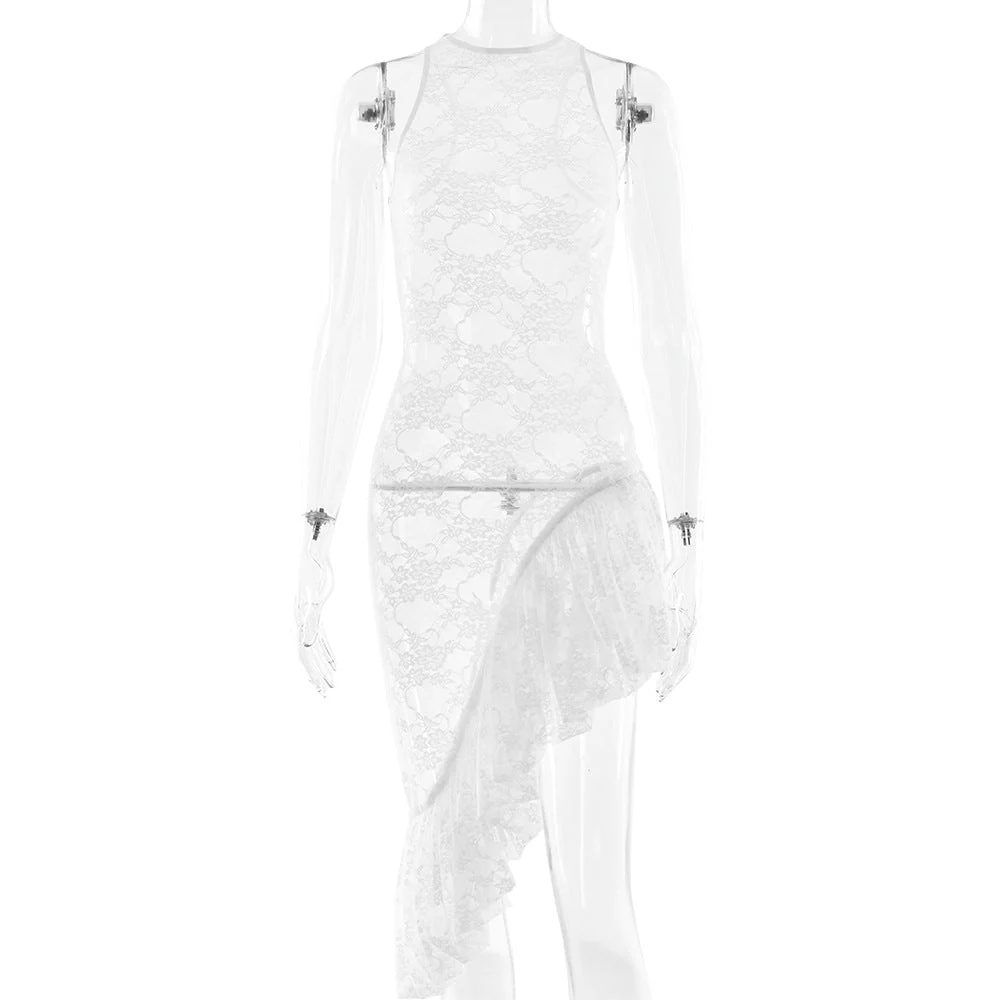 Lace irregular see though ruched mini dress - Image 3