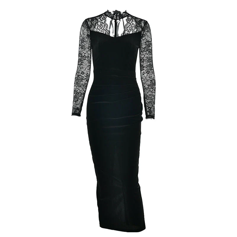 Lace long sleeve hollow out self tie slit midi dress
