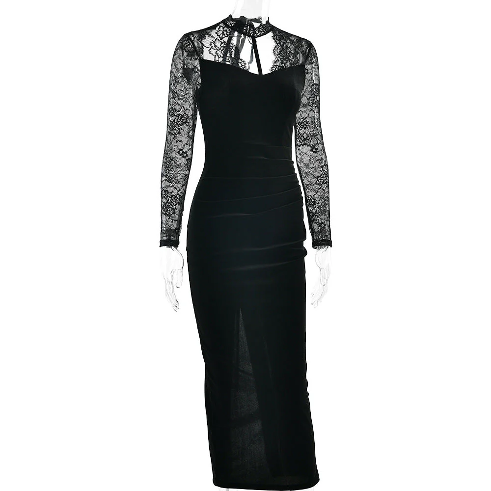 Lace long sleeve hollow out self tie slit midi dress - Image 3