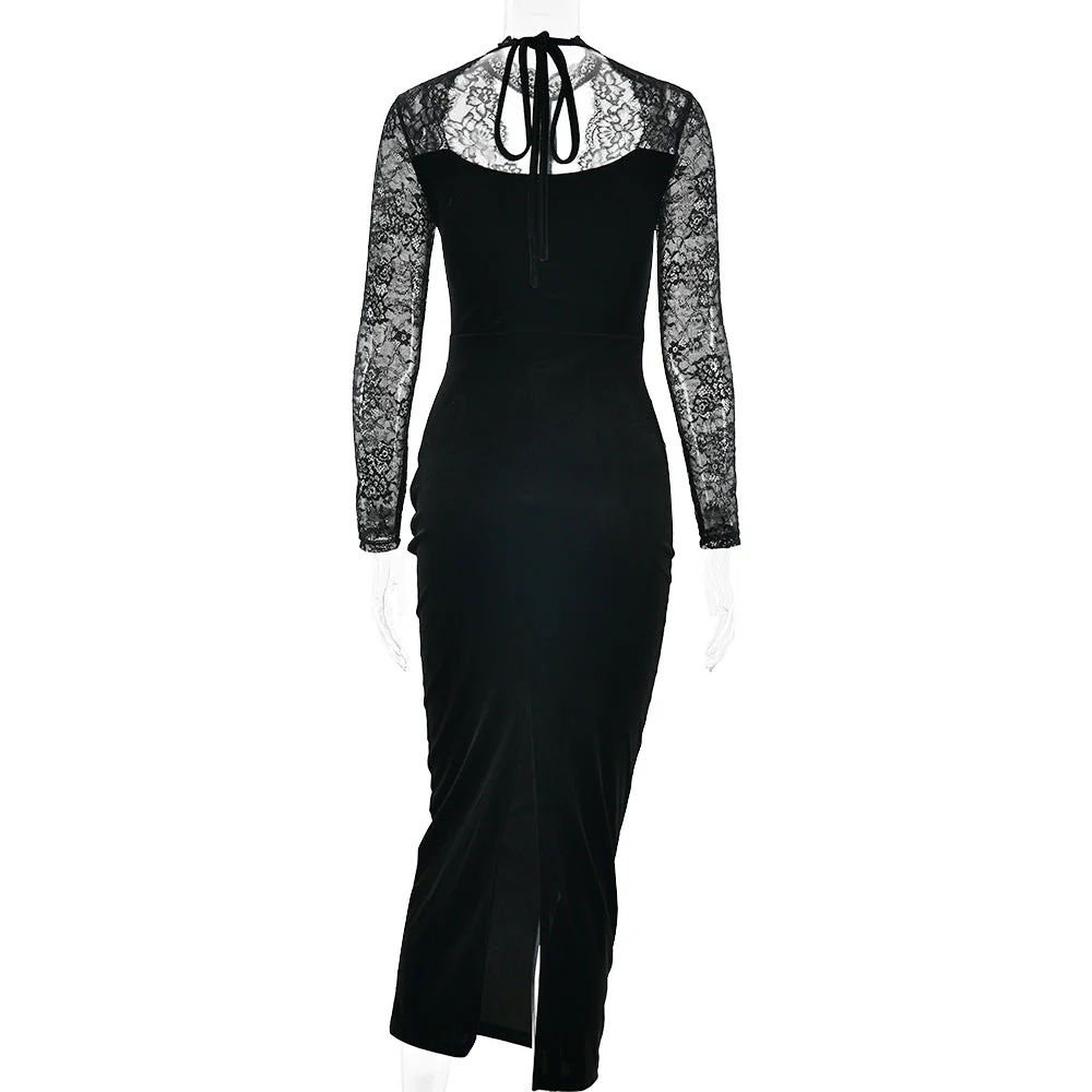 Lace long sleeve hollow out self tie slit midi dress - Image 4