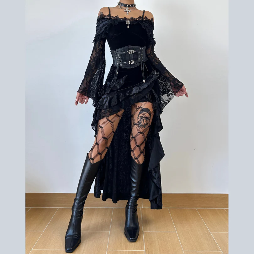 Lace long sleeve off shoulder velvet maxi dress - Image 2
