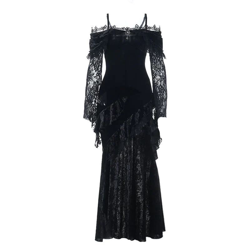 Lace long sleeve off shoulder velvet maxi dress - Image 4