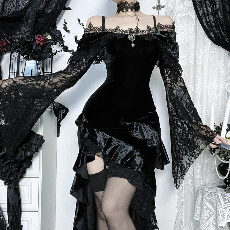 Lace long sleeve off shoulder velvet maxi dress - Image 5