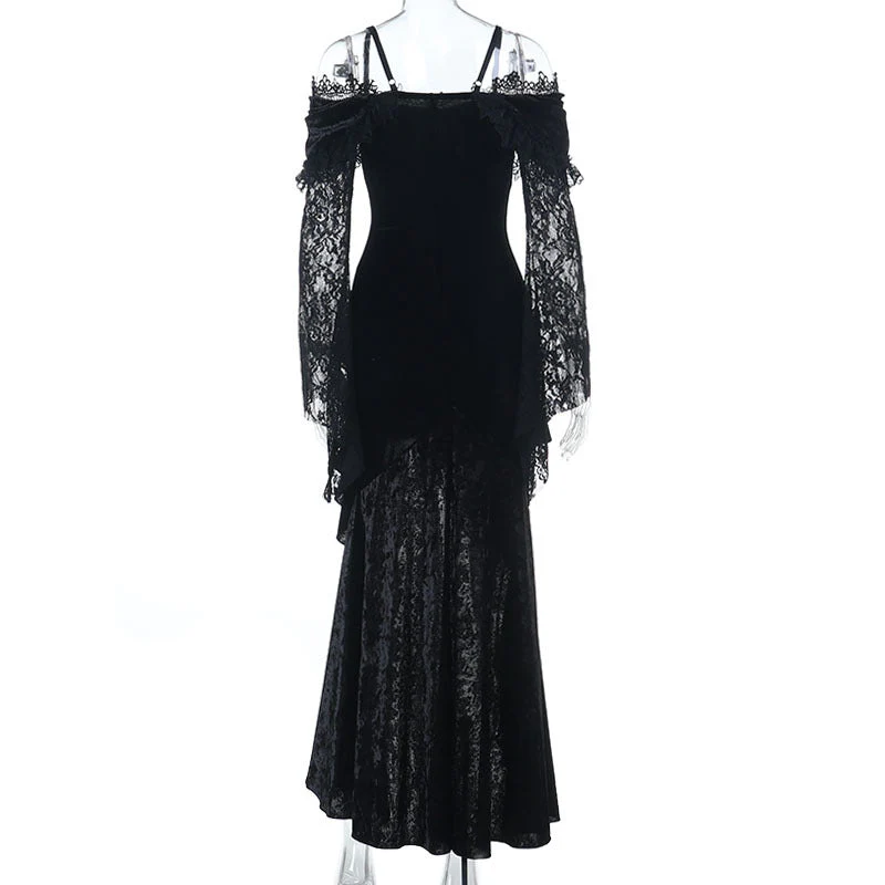 Lace long sleeve off shoulder velvet maxi dress - Image 6