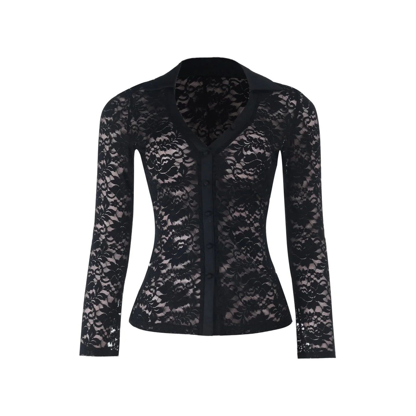 Lace long sleeve v neck button see through top