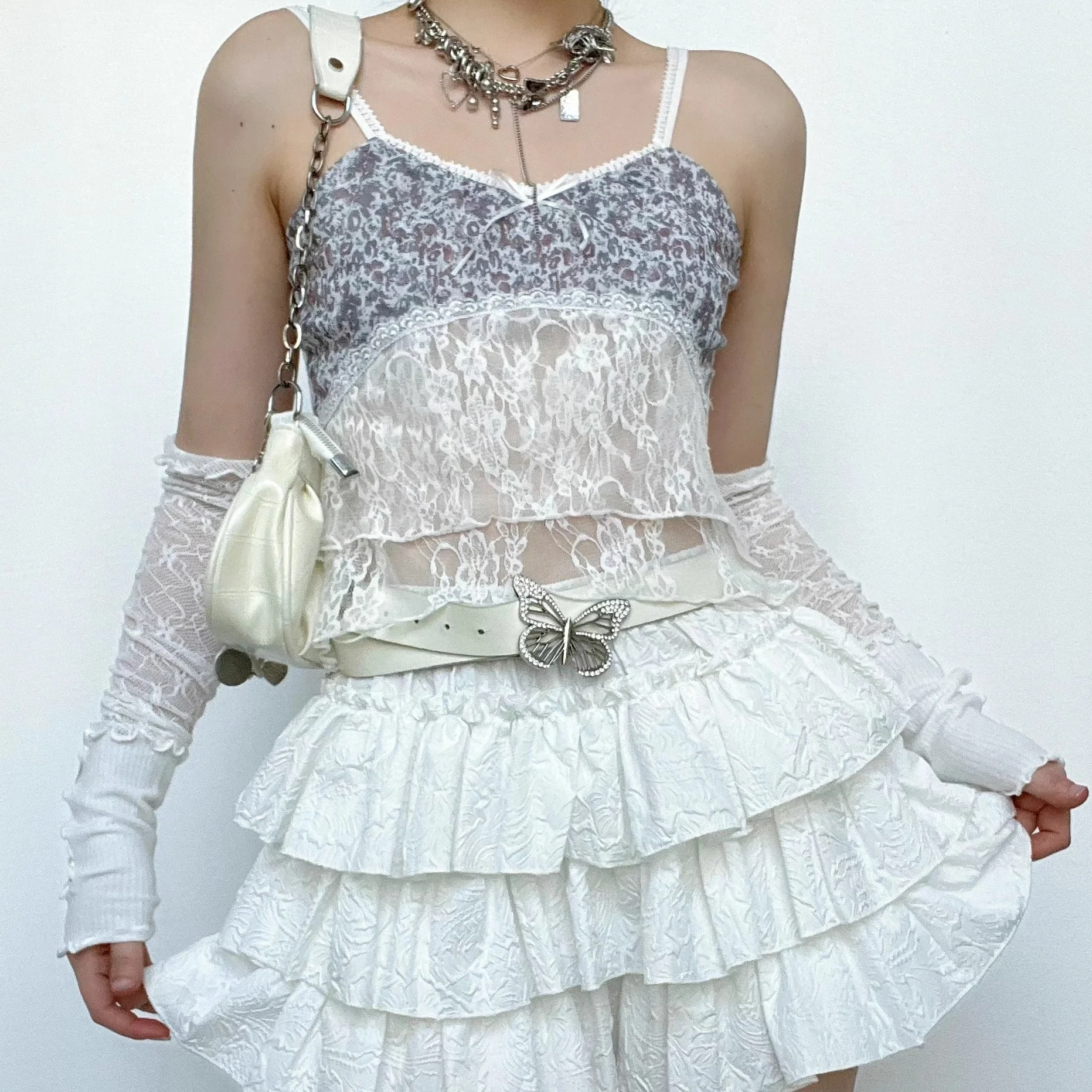 Lace patchwork see through low cut solid cami top