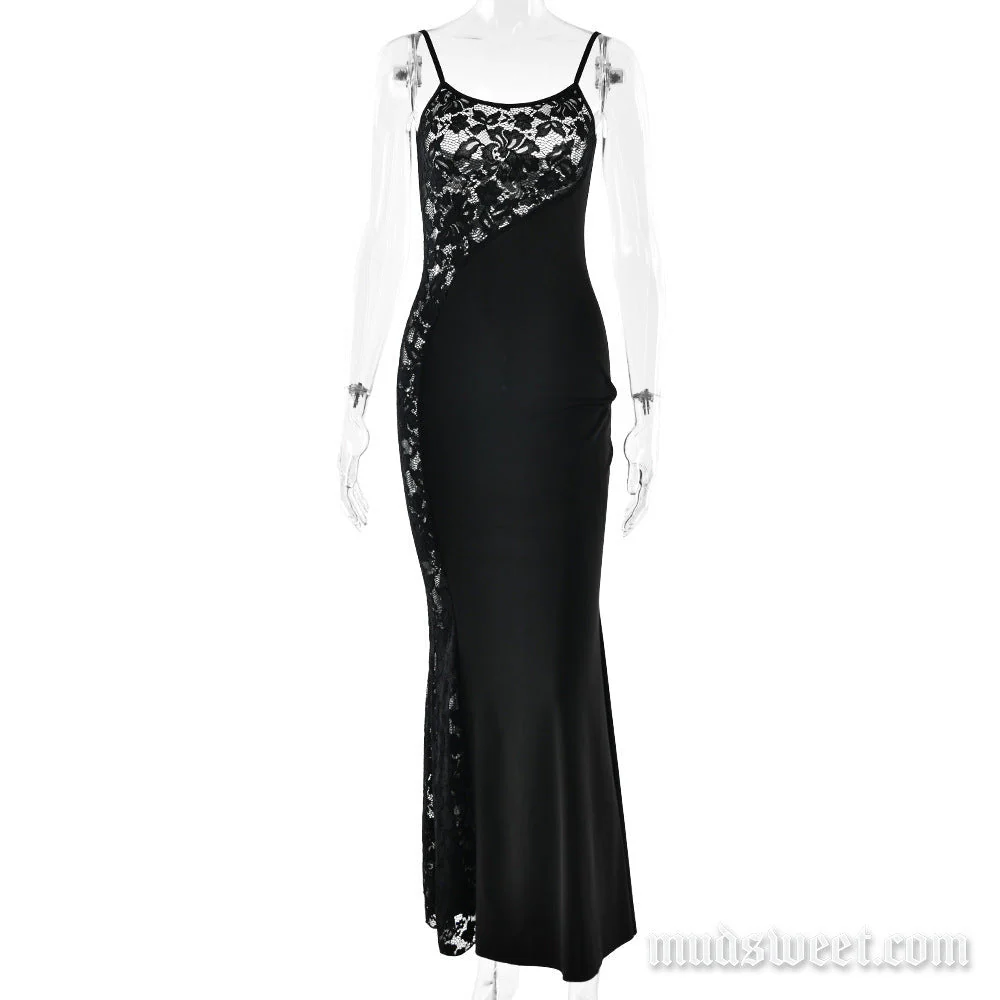 Lace patchwork u neck backless cami maxi dress - Image 2
