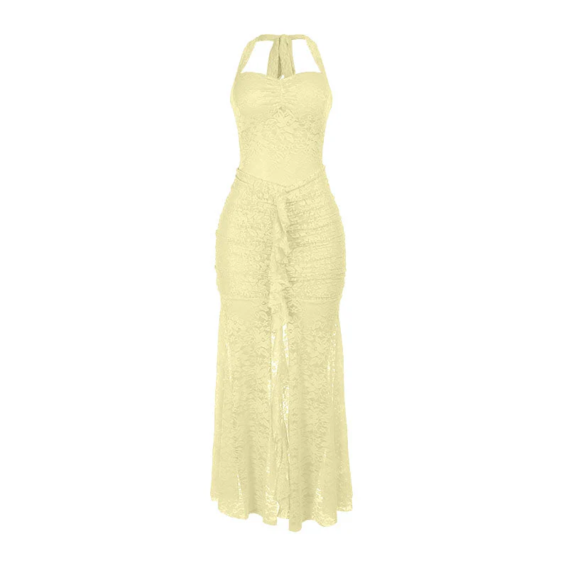 Lace ruched self tie halter v neck maxi dress - Image 3