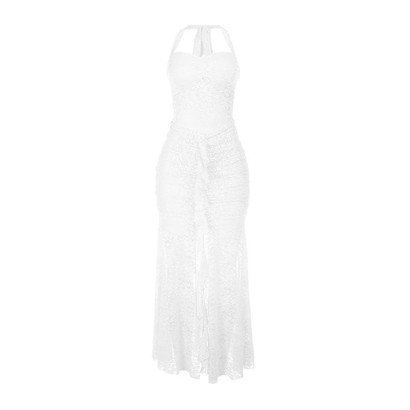 Lace ruched self tie halter v neck maxi dress - Image 4