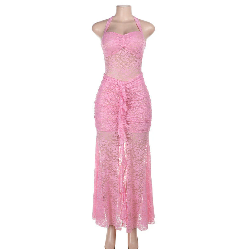 Lace ruched self tie halter v neck maxi dress - Image 5