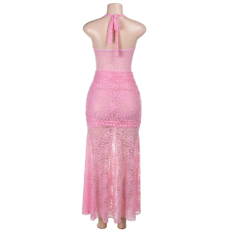 Lace ruched self tie halter v neck maxi dress - Image 7