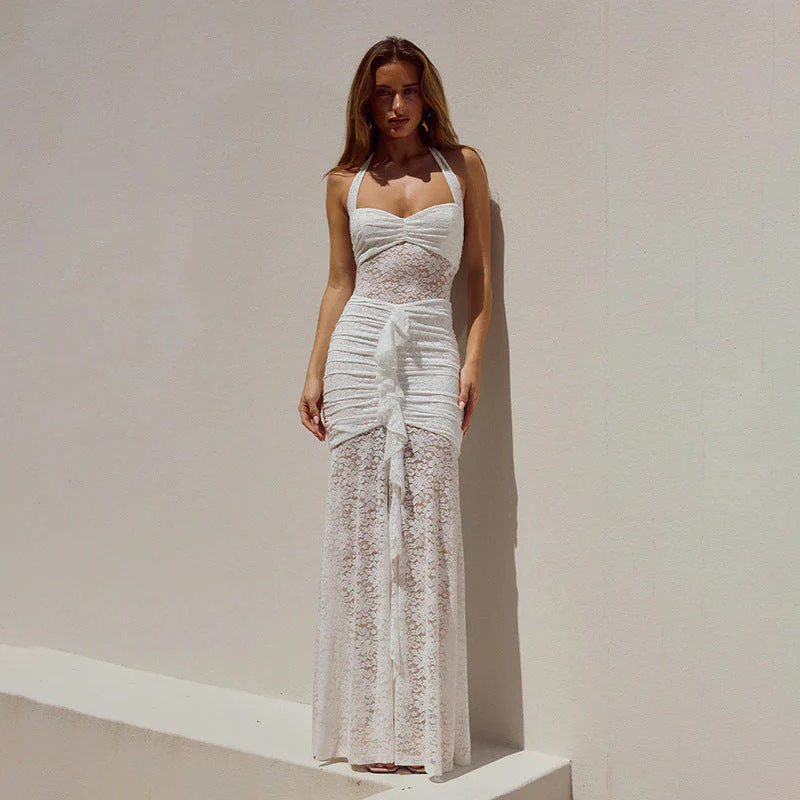 Lace ruched self tie halter v neck maxi dress - Image 9