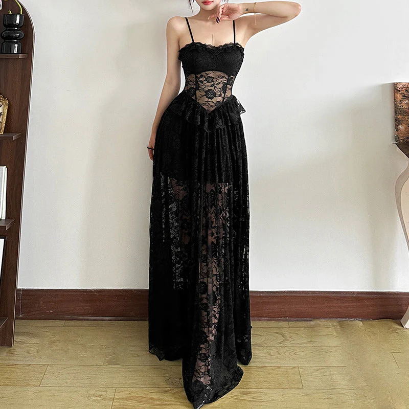Lace ruffle v neck backless cami maxi dress - Image 3