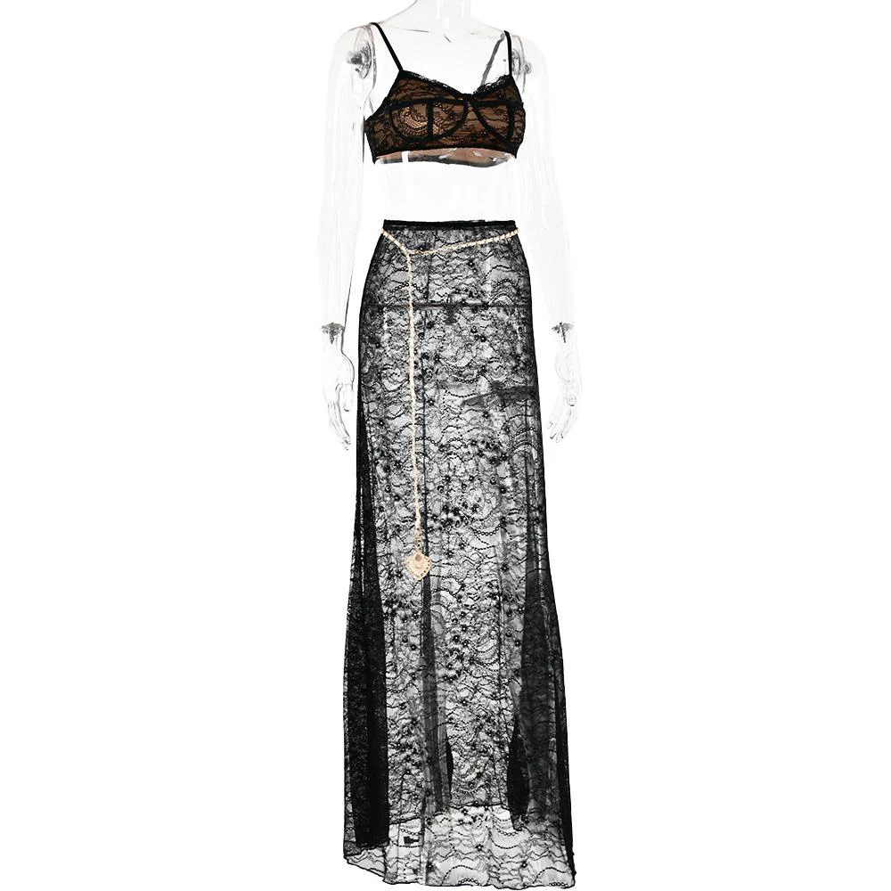 Lace see through v neck contrast cami maxi skirt set - Image 3
