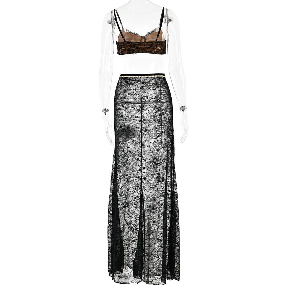 Lace see through v neck contrast cami maxi skirt set - Image 4