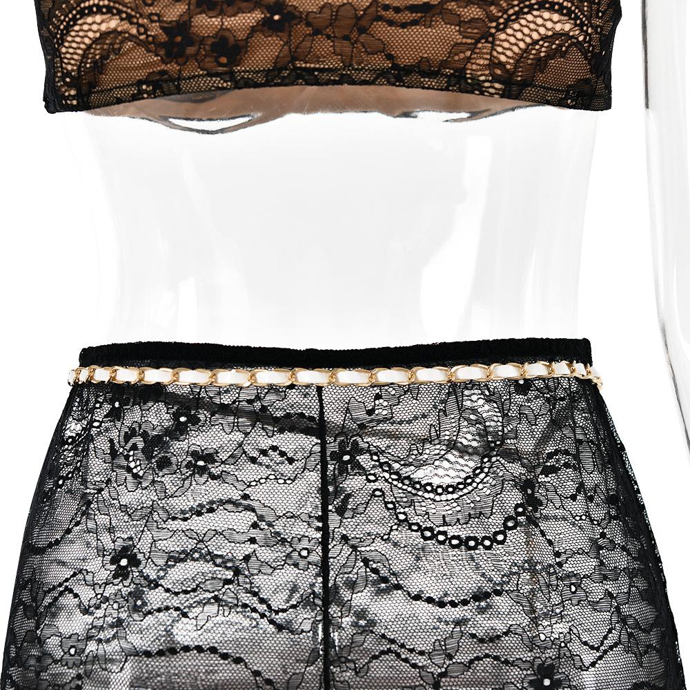 Lace see through v neck contrast cami maxi skirt set - Image 5