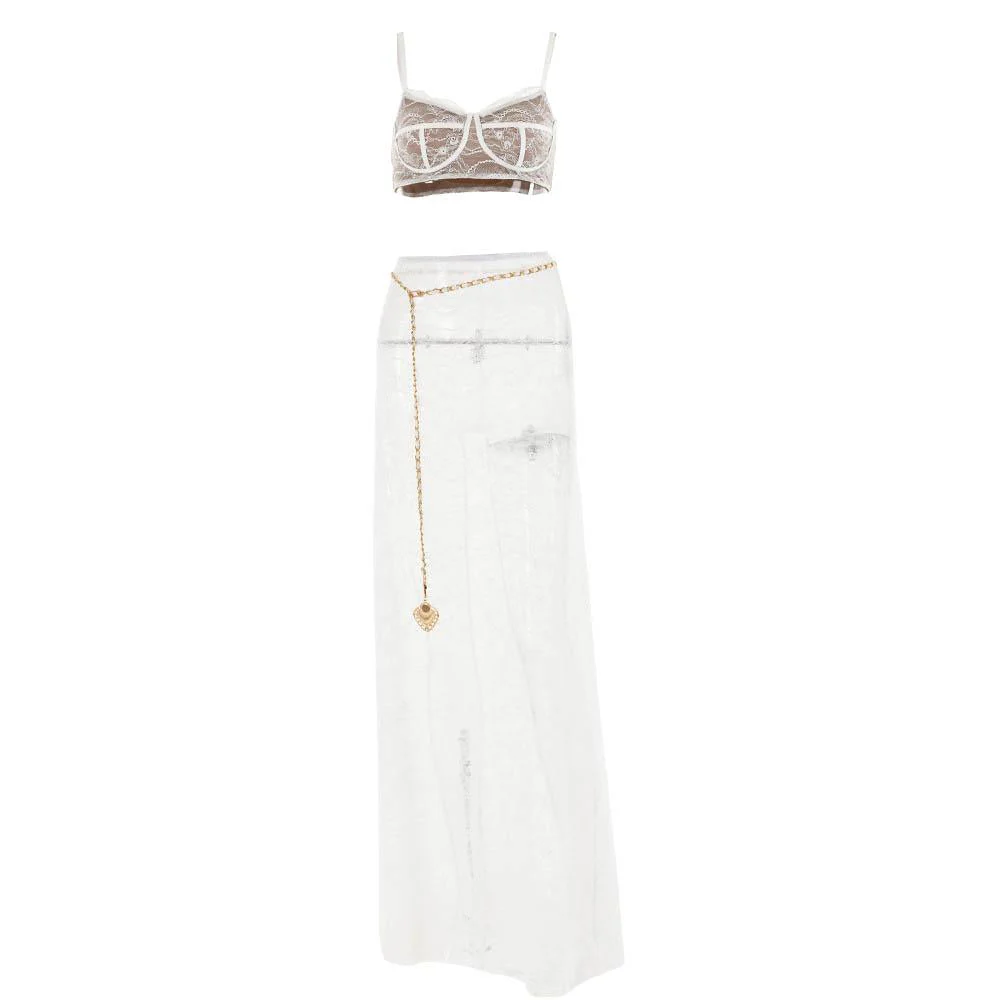 Lace see through v neck contrast cami maxi skirt set - Image 9