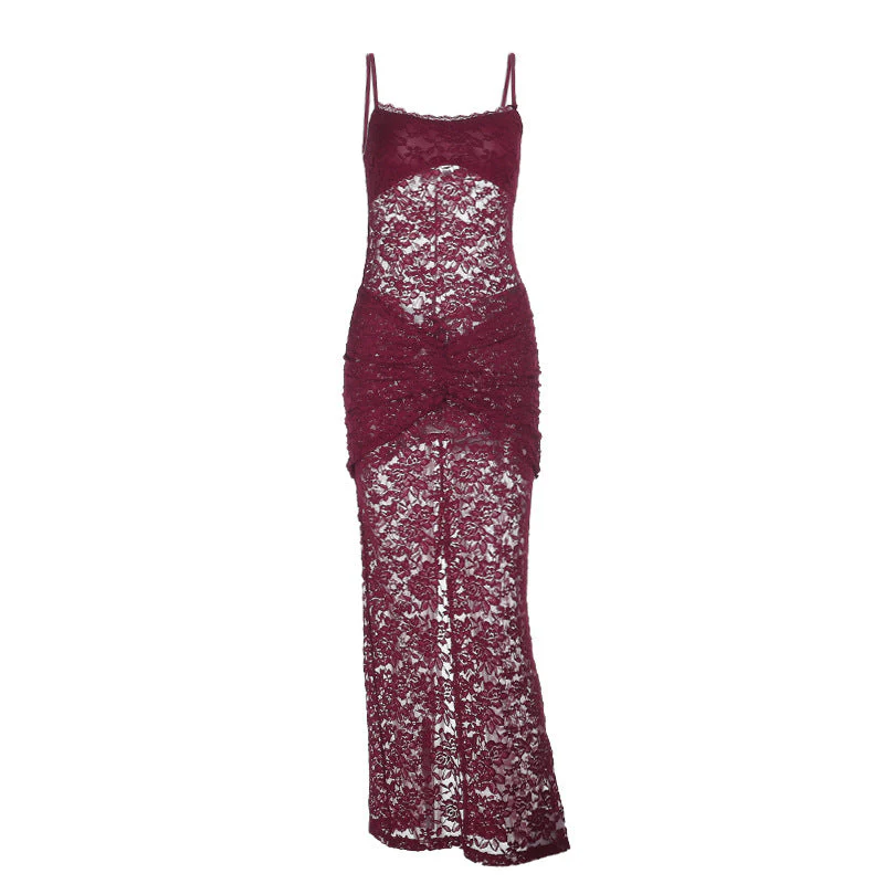 Lace u neck see through ruched cami maxi dress