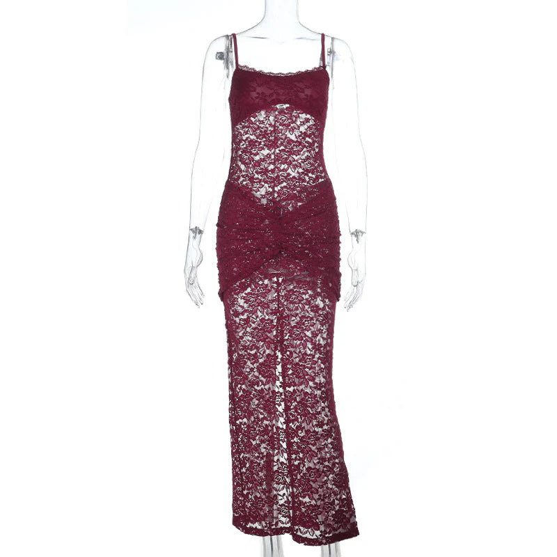 Lace u neck see through ruched cami maxi dress - Image 5