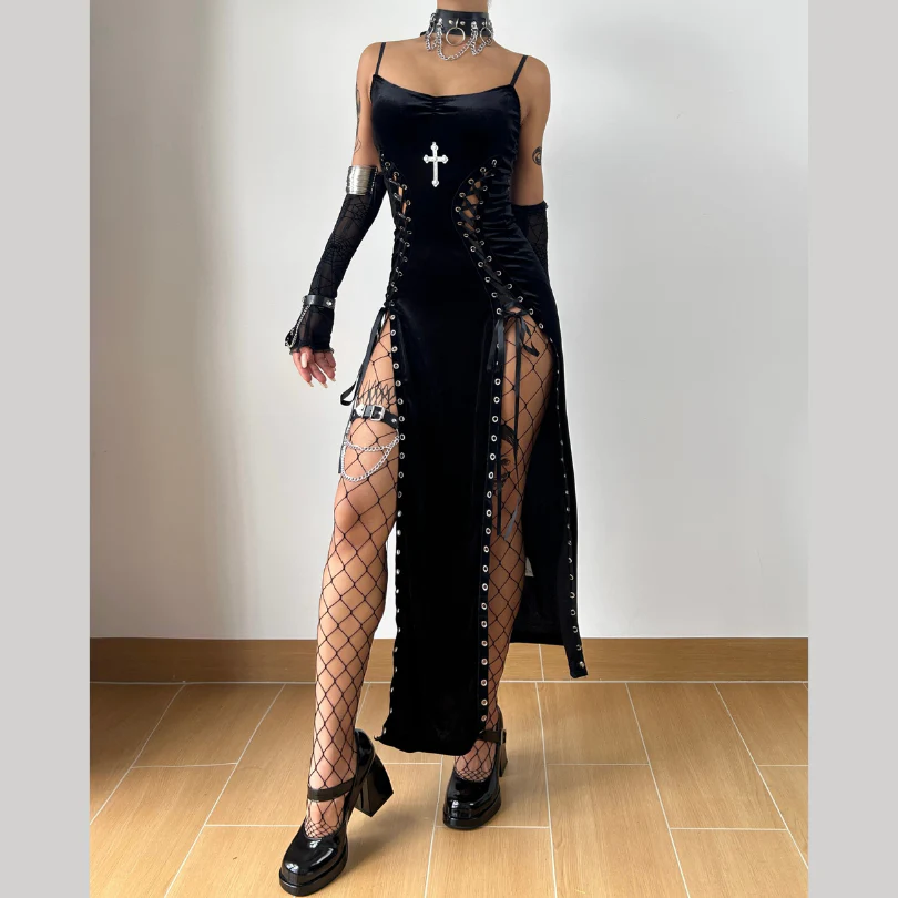 Lace up cross applique cami maxi dress