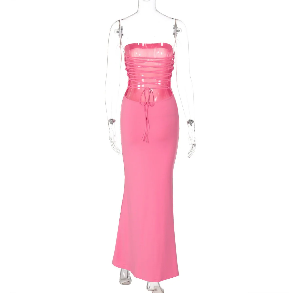Lace up knotted solid backless tube maxi dress - Image 5
