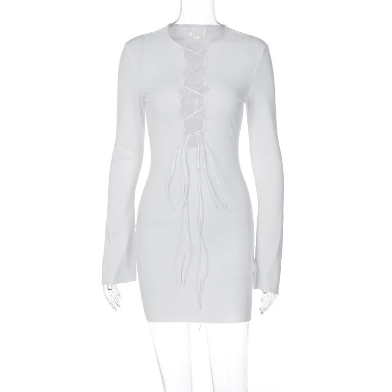 Lace up solid long sleeve ribbed self tie mini dress - Image 2