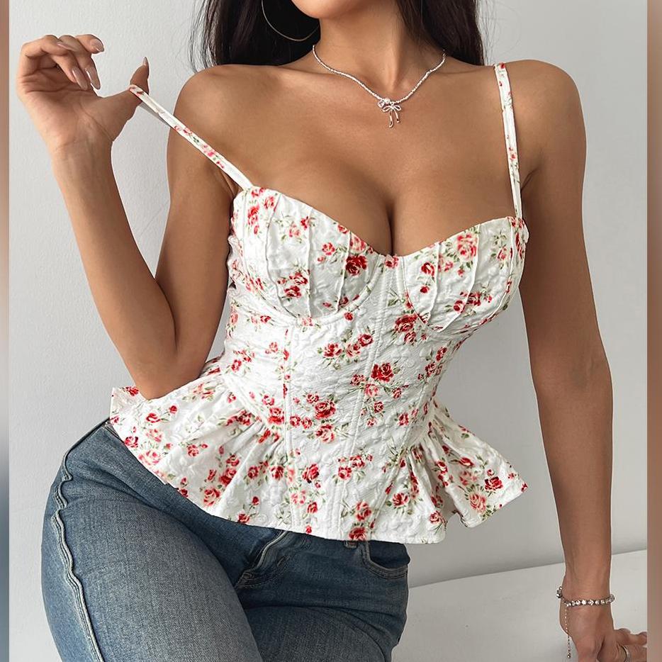 Lace up v neck flower print ruffle cami top - Image 2