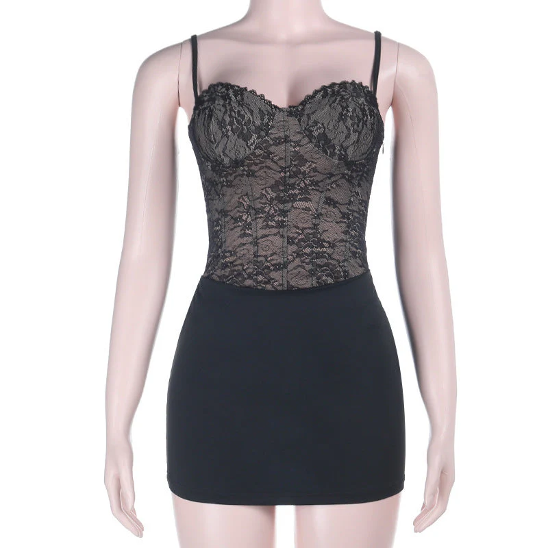 Lace up v neck lace backless cami mini dress - Image 2