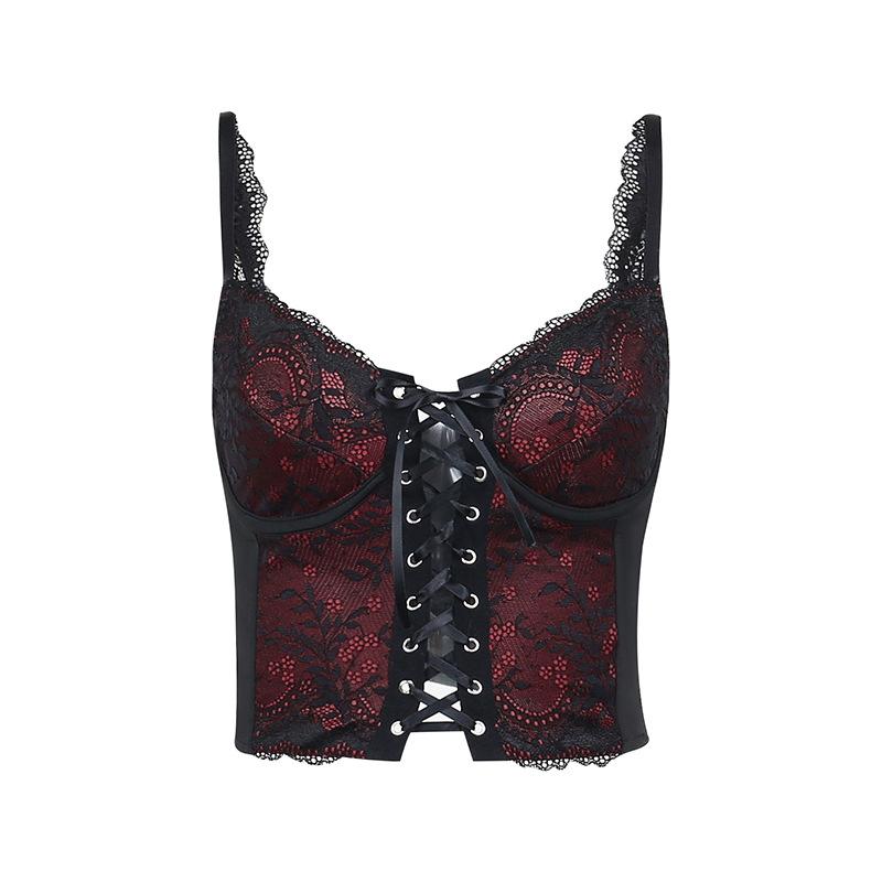 Lace v neck contrast lace up backless crop top goth Alternative Darkwave Fashion goth Emo Darkwave Fashion - Image 5