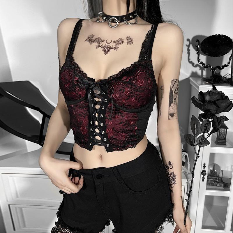 Lace v neck contrast lace up backless crop top goth Alternative Darkwave Fashion goth Emo Darkwave Fashion - Image 6