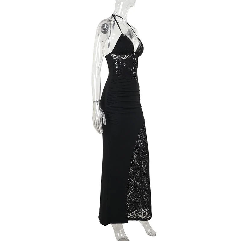 Lace v neck halter self tie ruched maxi dress - Image 3