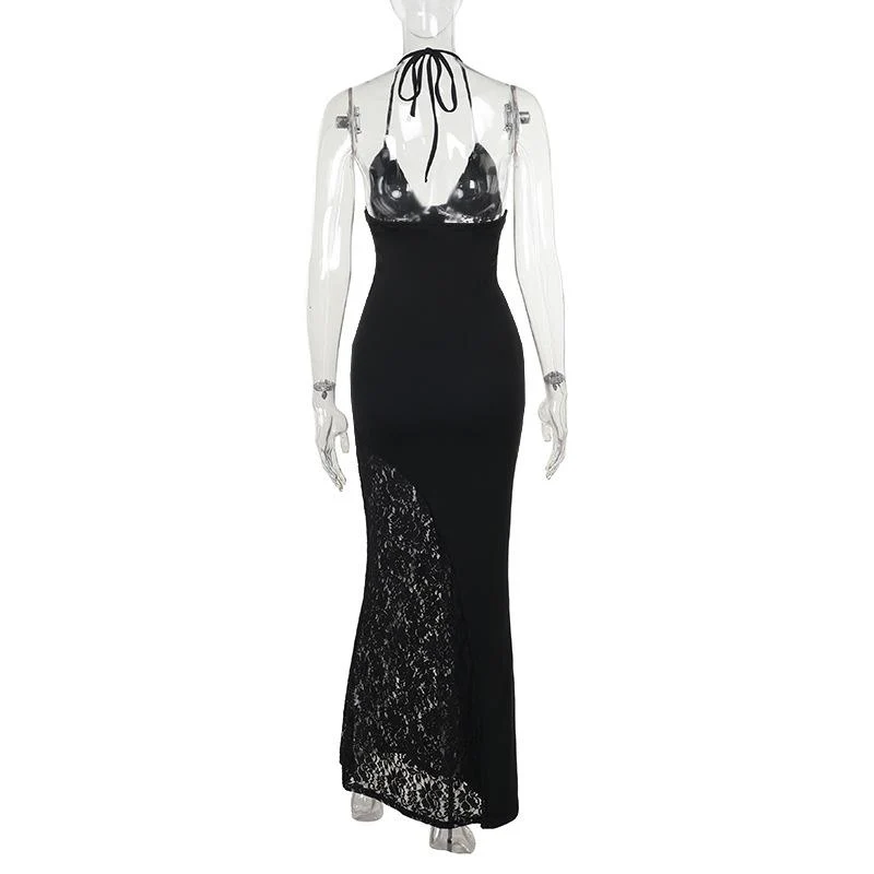 Lace v neck halter self tie ruched maxi dress - Image 4