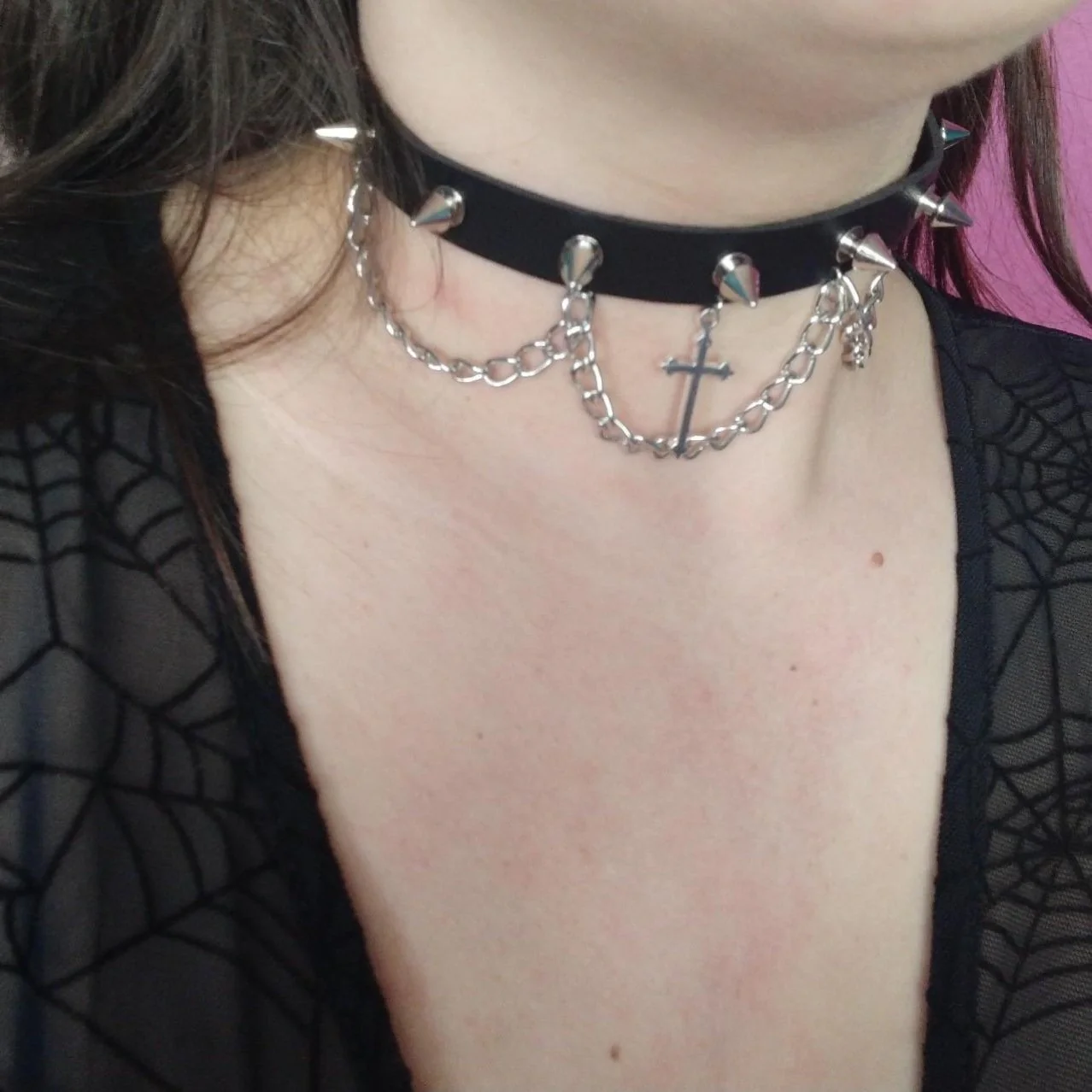 Layered rivet cross pendant metal chain choker necklace - Image 2