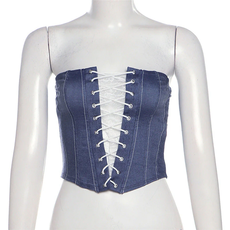 Lace up denim lace hem tube top - Image 2