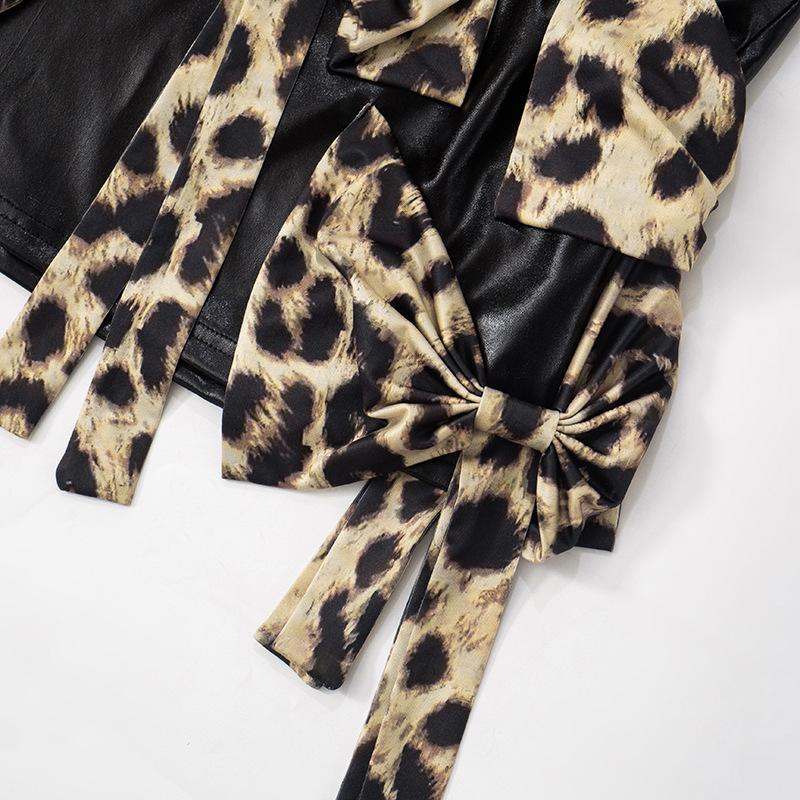 Leopard print bowknot PU leather contrast mini skirt - Image 6