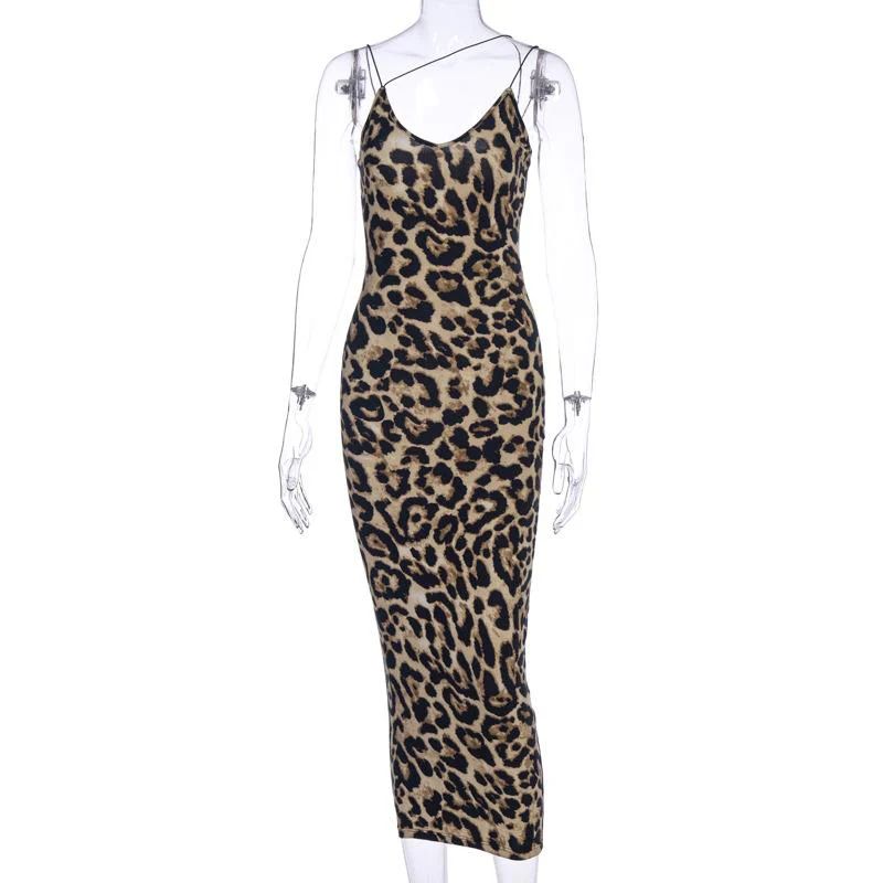 Leopard print contrast satin spaghetti strap u neck backless midi dress - Image 2