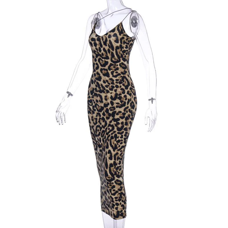 Leopard print contrast satin spaghetti strap u neck backless midi dress - Image 3
