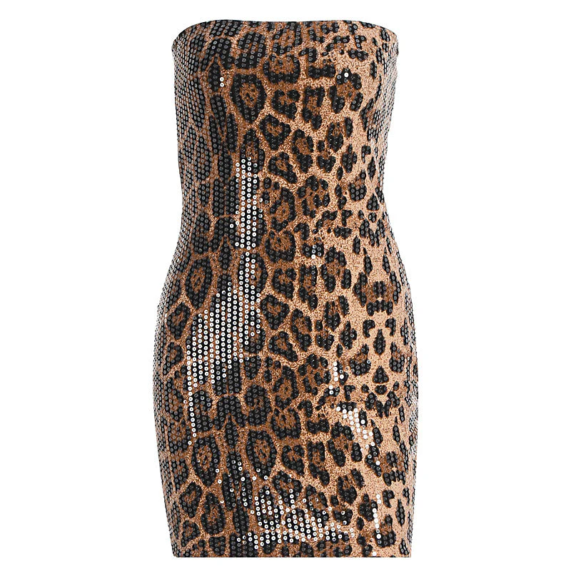 Leopard print glitter backless tube mini dress
