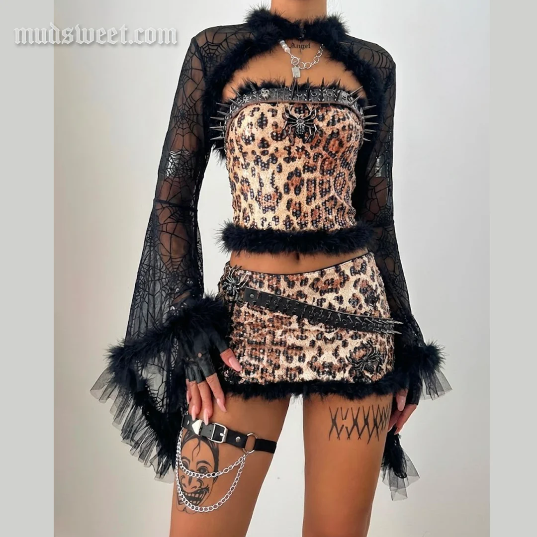 Leopard print glitter long sleeve spider applique mini skirt set